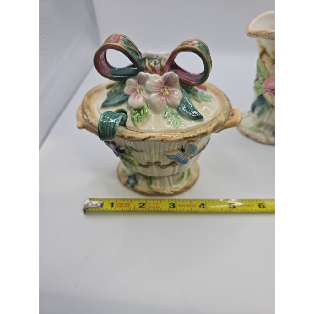 FITZ AND FLOYD Woodland Spring Sugar Bowl & Creamer Set w/lid & spoon - Picture 12 of 13